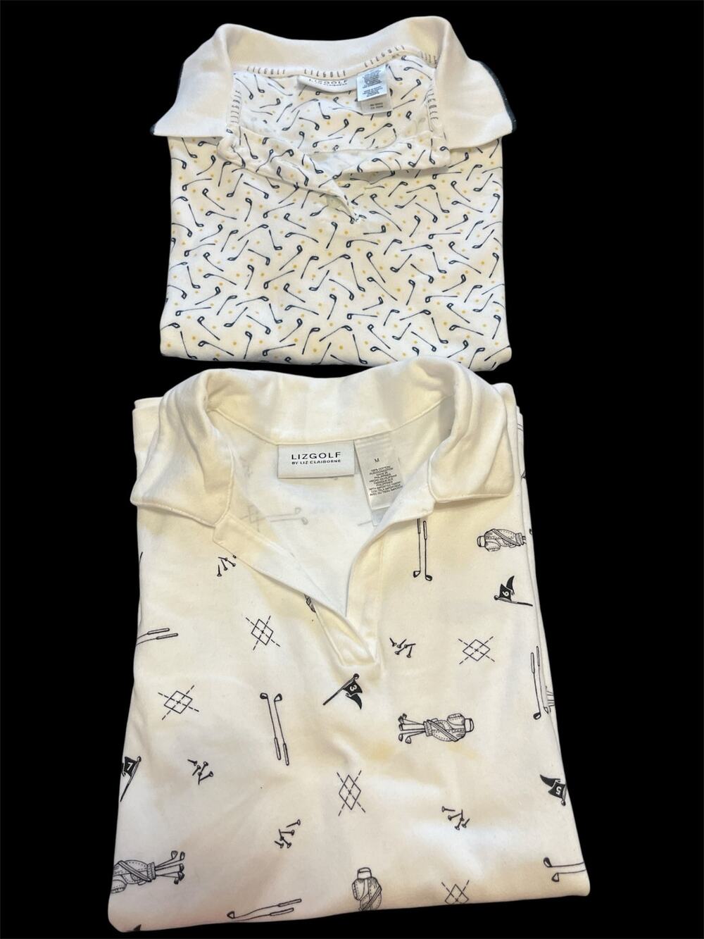 Lit of 2 Vtg LizGolf polo shirts-Women-Sz M-Sh Sleeves-All over pattern-1046